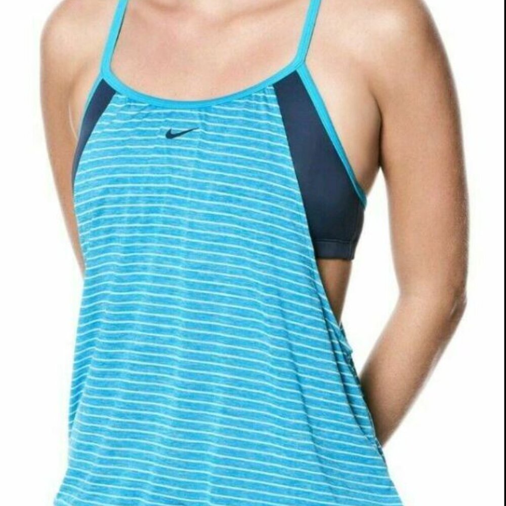 NWT Nike Women's Tankini Racerback Tank Top Built-in Sports Bra Blue/Wh Size XL